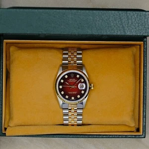 Mens Rolex Datejust  16233 18KY Gold Steel Red Diamond Dial Watch w/Orig Cert - Picture 1 of 22