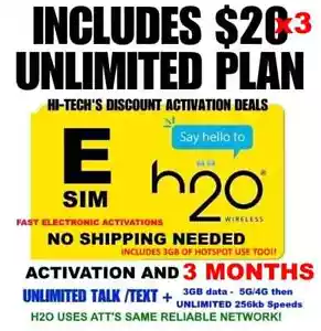 H2O ESIM ✅ with 3 MONTHS X $20 Plan ✅ UNLIMITED t/t/d ✅ 3GB month at 4G/5G - Picture 1 of 3