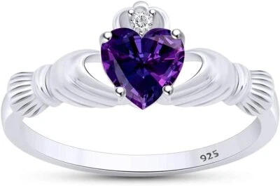 Anillo Claddagh Simulado Alejandrita y Diamante Blanco Corazón Chapado en Oro 14k Plata Foto 1 de 4