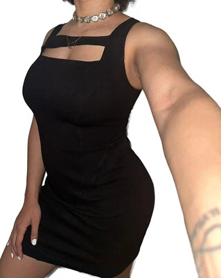 Sexy Vestido de Diseñador Helmut Lang Negro Gala Acanalado Tejido Bodycon Recorte LBD S Foto 1 de 4