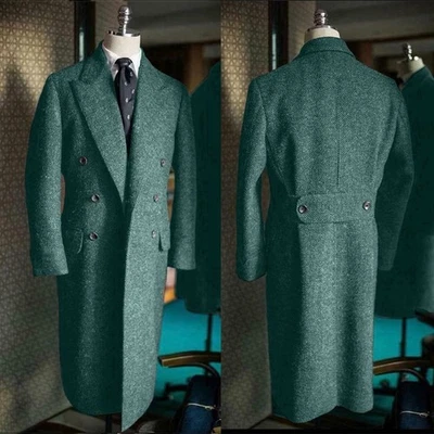Peak Lapel Jacket Suit Men Overcoats Wool Blend Tweed Long Coats Double Breasted - Image 1 of 4