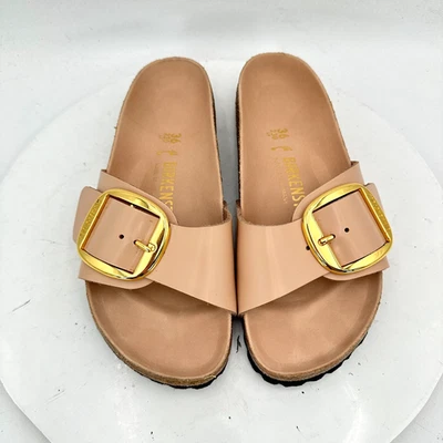 Birkenstock Madrid Women Size 5 Pink Leather Gold Big Buckle Slide Sandal - Image 1 of 4