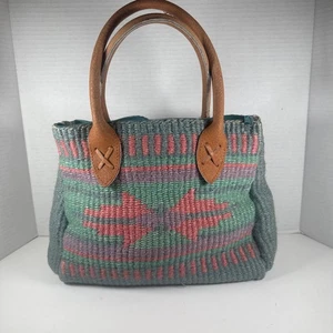 Vintage Sisal/Jute Handbag w/ Natural Leather Handles Southwest Tribal Design - Picture 1 of 12