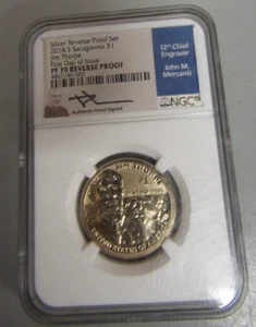 Dólar Sacagawea 2018 S prueba inversa NGC PF 70 emisión primer día firmado por Mercanti - Imagen 1 de 12