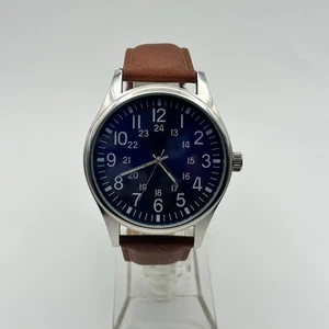 Men’s Classic Field Watch Silver Tone 44mm Brown Leather Working - Picture 1 of 8