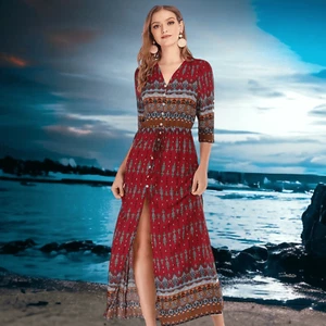 R.Vivimos Boho Small Maxi Dress V-neck 3/4 Sleeve Beach Boho Long Dress Paisley - Picture 1 of 10