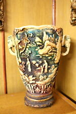 VINTAGE ENGRAVED COLORFUL JAPANESE VASE WITH ELEPHANT HEADS HANDLES RESIN