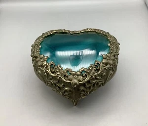 Vintage Andrea By Sadek Beveled Glass Filigree Brass Casket Trinket Heart Box - Picture 1 of 12