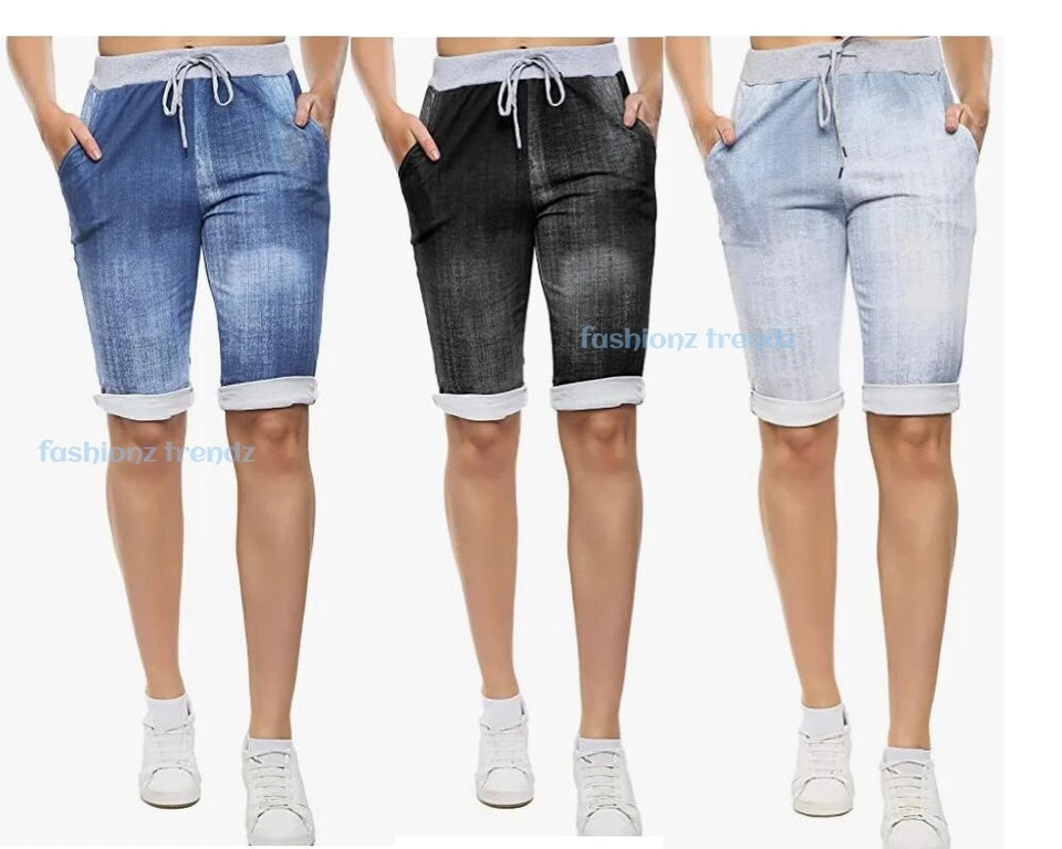 Women's Ladies Italian Plain Elastic Waist Turn Up Summer Beach Shorts Pants New - Image 1 of 1