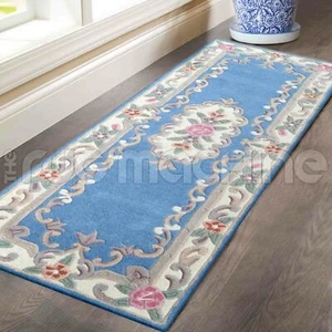 MADISON THICK WOOL BLUE FRENCH AUBUSSON CARVED DESIGN RUG RUNNER 67x210cm **NEW* - Afbeelding 1 van 4
