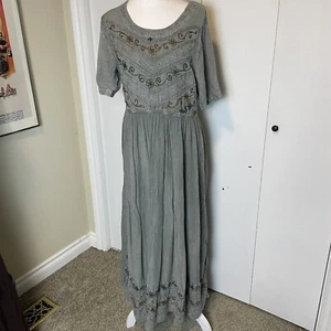 Vintage 1990s Hippie Farmhouse Boho Gray Embroidered Pull On Dress - Picture 1 of 9