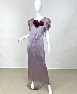Antique 1930s Lavender Bias Silk Gown Purple Dress Floral Velvet Flowers As Is - Picture 1 of 17