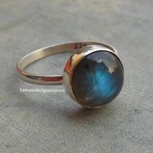 925 Silver Natural Labradorite Blue Fire Ring Women New Rings Cabochon Gemstone - Picture 1 of 7