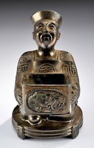 Vintage 4" Antique Cast Metal Figural Incense Burner Oriental Asian Man