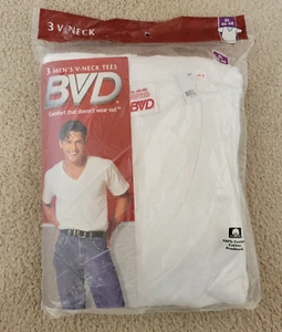 Vintage BVD Men's 3-pack White V-Neck T-Shirts Preshrunk Cotton Size XL 1996 - Picture 1 of 4