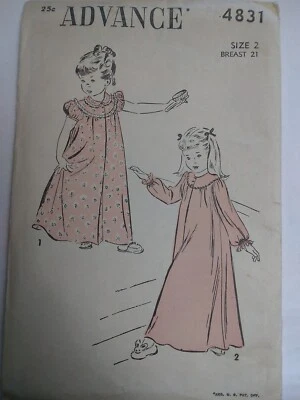 Nightgown Sleep Nightie Girls 2 2T Advance 4831 Sewing Pattern VTG 40s Cut Long - Image 1 of 4