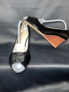 Tory Burch donna nero pelle punta aperta zeppa tacco a pompa tg.7,5 - Foto 1 di 11