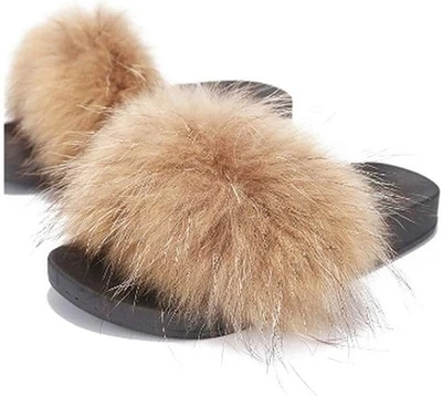 Zapatillas Liliana Nomi-17 Bronceadas de Lujo Piel de Mapache Real Deslizables Suelas Planas Mula (8.5) Foto 1 de 2