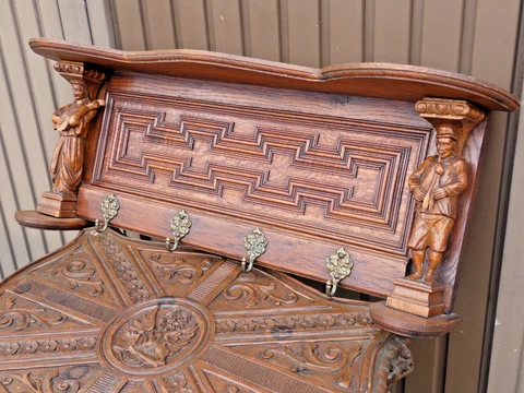 Antique French breton wood carved wall coat rack Cover
