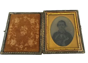 Antique 19th Century Daguerreotype Portrait Man Brass Framed Embossed Leather - Picture 1 of 11