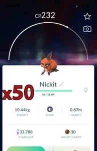 Pokemon TRADE - 50x Nickit Trades !! Good Chance of Lucky and Good IVs !! - Picture 1 of 1