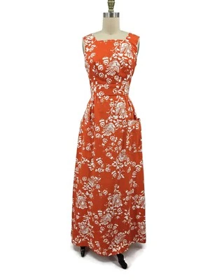 VTG Montgomery Ward Summer Maxi Dress Womens M? Orange White Bird Print Pockets - Image 1 of 4