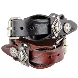 Mens Punk Vintage Wide Genuine Leather Wristband Bangle Cuff Bracelet Adjustable - Picture 1 of 10