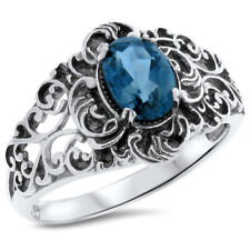 GENUINE LONDON BLUE TOPAZ 925 STERLING SILVER VICTORIAN STYLE RING          #849