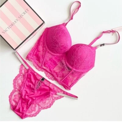 34D MEDIANO Victoria’s Secret Bombshell Rosa Bling Corsé Sujetador Conjunto Bragas descaradas Foto 1 de 4