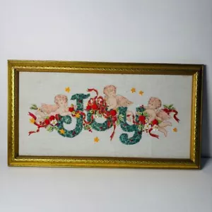 Vintage Joy Christmas Holiday Cherubs Framed Cross Stitch Embroidery - Picture 1 of 11