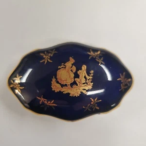 Vintage Limoges France Porcelain Cobalt Blue Trinket Box, Victorian 22k Gold - Picture 1 of 11