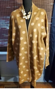1X/2X/3X New Caramel & Cream Polka Dot Long Cardigan Sweater Coat Duster Knit - Picture 1 of 7