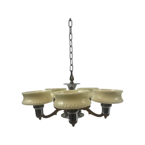 Vintage c1930 Art Deco Copper Color Chrome 5 Light Chandelier Custard Cup Shade Cover
