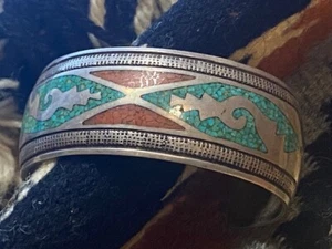 Rare Sterling Silver Chip Early Tommy Singer Inlay Coral & Turquoise Cuff Navajo - Bild 1 von 11