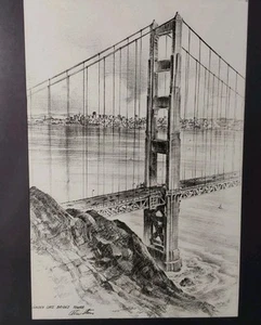 Alec Stern Golden Gate Bridge Tower Pencil Line Drawing Framed Matted Signed - Picture 1 of 6
