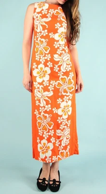 Maxi Vestido Vaina Hawaiano Años 60 De Colección Naranja Blanco Tropical Floral Sin Mangas Pequeño Foto 1 de 4