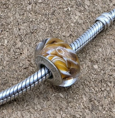 Auténtico Dije de Murano Brulee Crema Blanco Oro Brillo Plata de Ley 925 Cuentas Foto 1 de 3
