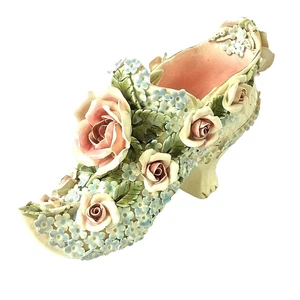 HOBE DRESDEN PORCELAIN LADIES SHOE ORNATE DETAILED PINK ROSES FLORAL SIGNED VTG  - Picture 1 of 12