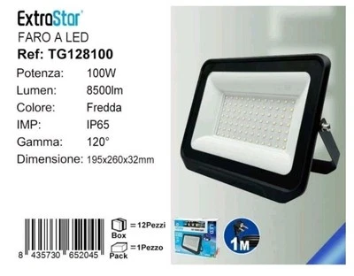 FARO LED PROIETTORE ESTERNO IP65 6500K 100W 8500 LUMEN LUCE FREDDA EXTRASTAR - Immagine 1 di 2