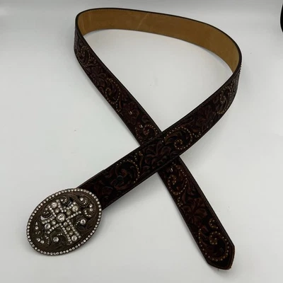 Женский коричневый кожаный западный ремень Justin со стразами крест пряжка размер 36 - Изображение 1 из 4