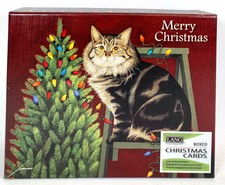 NEW 18 LANG Linen Christmas Card Merry Christmas Cat Tree Lights~Lowell Herrero