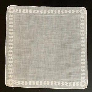White Cotton Geometric Border Handkerchief Hand Rolled Vtg Cottage Core Granny - Picture 1 of 3