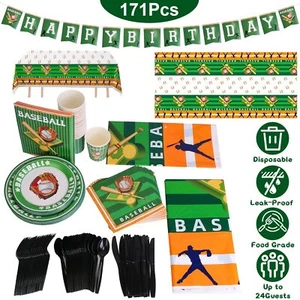 Baseball Disposable Plates + Cups + Spoons + Forks 24 Dinnerware Set for Party - Picture 1 of 12