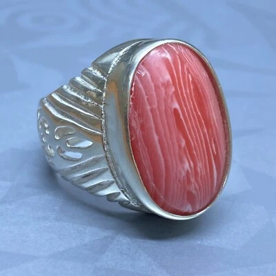 Red Coral Sterling Silver Men's Ring Natural Gemstone Unique Handmade Jewelry - Image 1 of 4