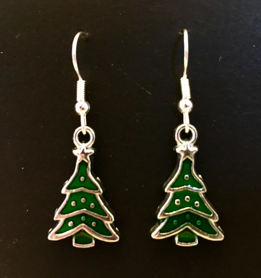 Silver and Green coloured dangle earrings, Enamel Christmas Trees, Festive, Xmas - Image 1 of 1