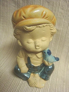 Sweet LITTLE BOY w/ BLUEBIRD Clay Stoneware Partial Glaze - Picture 1 of 7
