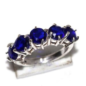 925 Silver Plated-Blue Topaz Ethnic Gemstone Handmade Ring Jewelry US Size-8 MJ