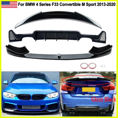 Black Front+Rear Lip+Trunk Spoiler Lid For BMW F33 Convertible 435i 440i M Tech - Image 1 of 4