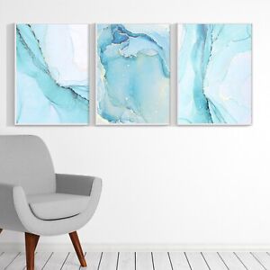 Set Of 3 Blue Abstract Prints Poster Marble Wall Art Home Decor Modern Gold 639