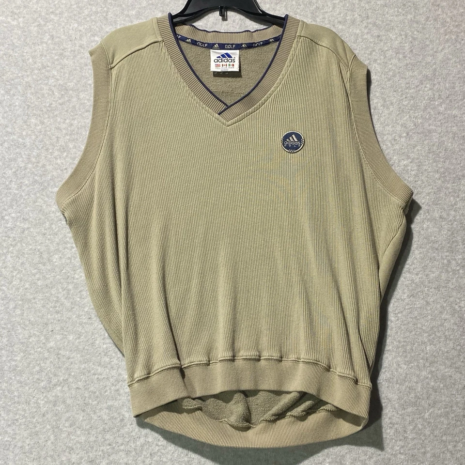 Chaleco Suéter Vintage Adidas Golf EQT Años 90 Y2K Bronceado Cuello en V Acanalado Sin Mangas Para Hombres L Foto 1 de 4